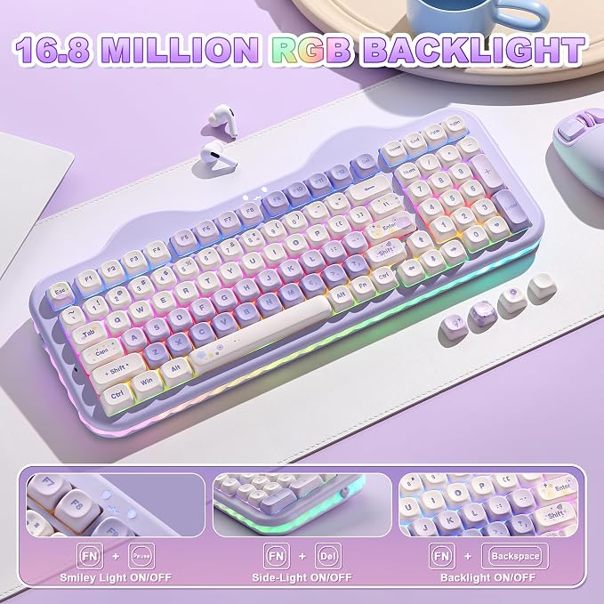 YUNZII C98 Cute Cake Wireless Mechanical Keyboard (Purple, Candy Switch) | 99 Keys with Number Pad, Hot Swap, PBT MOA Keycaps, BT5.0/2.4G/USB-C, Gasket Mount, Custom RGB Backlit for Win/Mac