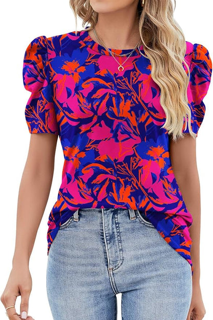 Ivicoer Puff Short Sleeve Shirt for Women Eyelet Tops Summer Crewneck Blouse Loose Fit S-XXL