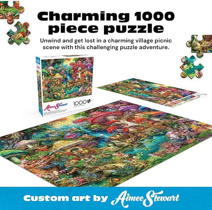 Buffalo Games - 1000 Piece Jigsaw Puzzle Aimee Stewart Merry Mushroom Village Picnic, Made in USA, Premium Recycled Board, Full-Color Poster, Giftable