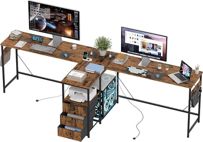 YOSHOOT 2 Person Computer Desk, 87" Long Gaming Desk for 2 People | Double Desk with 3 Fabric Drawers and 2 Power Outlets, Home Office Table for Adults and Teenagers, Rustic Brown