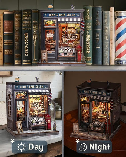 Book Nook Kit - DIY Adult Miniature Dollhouse, Hair Salon Themed, 3D Wooden Puzzle Bookend, Bookshelf Decor Gift for Family and Friends (John's Hair Salon)