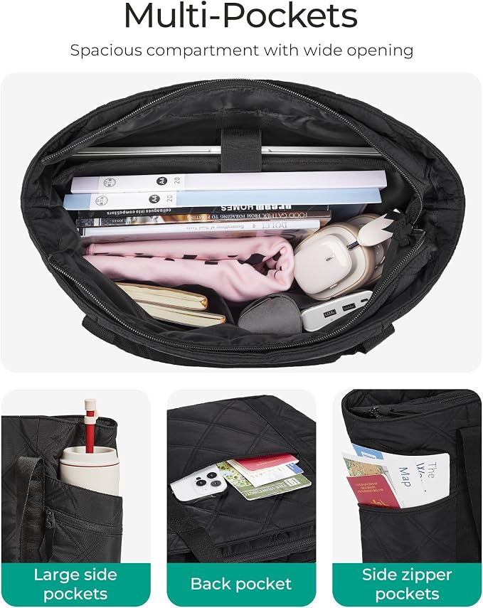 BAGSMART Crush Tote Bag for Women, 20L Puffer Work Tote with Zipper | Quilted Nurse Hospital Bag For Travel College Gym
