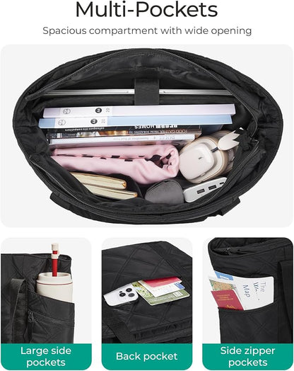 BAGSMART Crush Tote Bag for Women, 20L Puffer Work Tote with Zipper | Quilted Nurse Hospital Bag For Travel College Gym