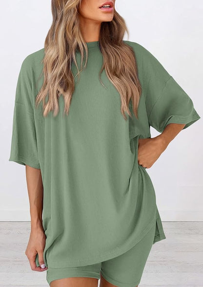 PRETTYGARDEN Women 2 Piece Lounge Set 2026 Summer Casual Oversized Shirts Biker Shorts Matching Airport Travel Outfit Clothes