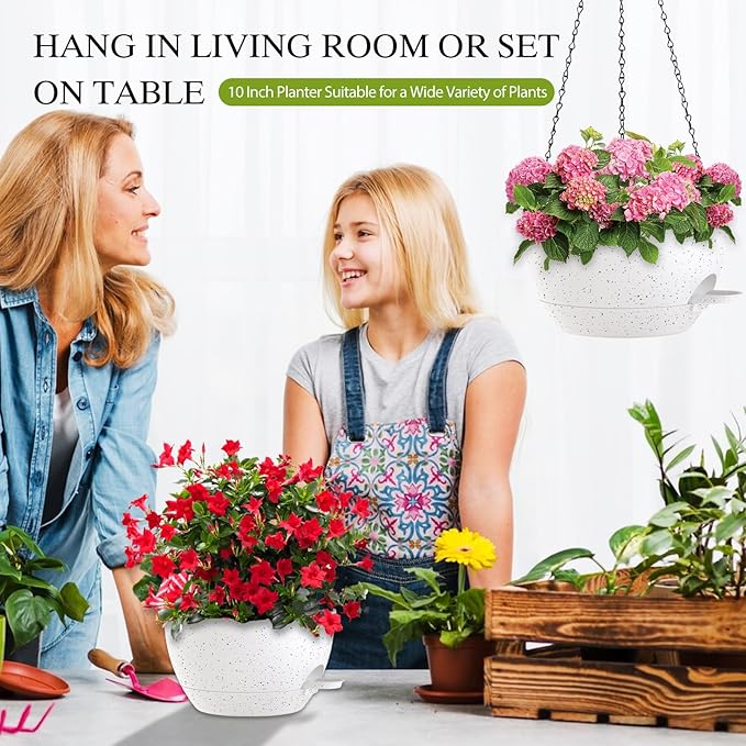 10 Inch Hanging Baskets 2 PC with Chains, Self-Watering Hanging Planters for Indoor Outdoor Plants, Plastic Hanging Flower Pots,Speckled White