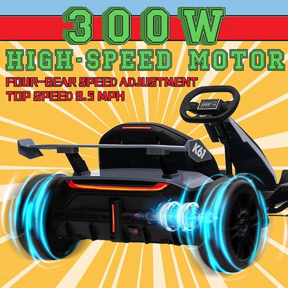 KerryYoo K61 Go Kart Electric Drift Kart with Length Adjustable Seat, 24V Outdoor Ride on Toy with 4 Speed Mode, Crazy Kart for Kids 6-12 Years Old, Fast 300W Motor, 8.5 MPH, Bluetooth - Gray