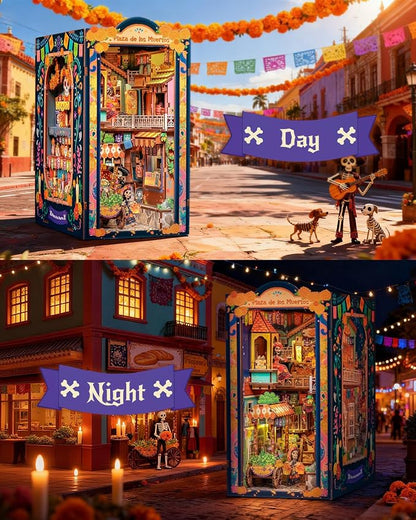 CUTEBEE Book Nook Kit - Mexican Fiesta DIY Miniature Dollhouse, Vibrant LED Bookshelf Decor Alley Model for Adults Teens, Gifts for Family and Friends（Plaza de Los Muertos）