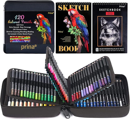 PRINA Art Supplies 120 Colors Colored Pencils Set for Adults Coloring Books with Sketchbook, Professional Vibrant Artists Coloring Pencils for Drawing Sketching Blending Shading, Soft Core Oil Based