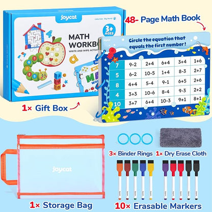 JoyCat Math Busy Book for Toddlers — Reusable Preschool Workbook with 10 Dry-Erase Markers, Number Tracing & Counting Activity Book for Kids Ages 3–8, Kindergarten Learning Activities, Travel-Ready