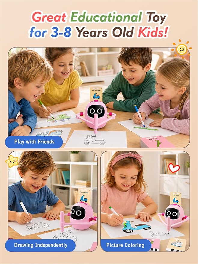 Drawing Robot Toys for Kids, 220 Flash Cards Gift for 3-8 Years Old Boys Girls, Montessori Doodle Art Painting with Voice Interactive for Beginners, Birthday (Pink)