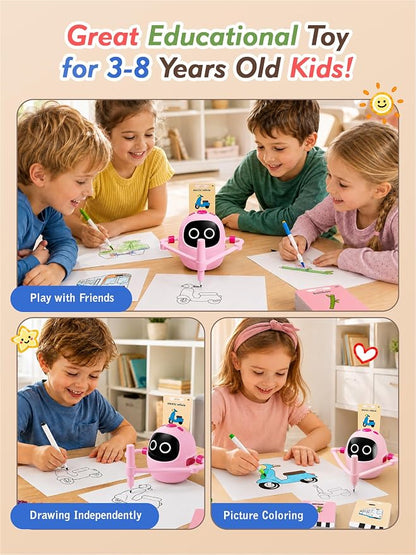 Drawing Robot Toys for Kids, 220 Flash Cards Gift for 3-8 Years Old Boys Girls, Montessori Doodle Art Painting with Voice Interactive for Beginners, Birthday (Pink)