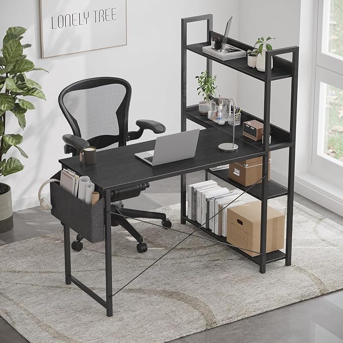 Treesland 47 Inch Computer Desk with Bookshelf, Corner Desk with Storage, L Shaped Desk, Home Office Desks, Writing Study Desk for Bedroom, Black