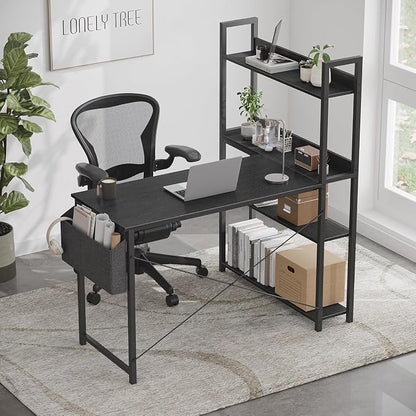 Treesland 47 Inch Computer Desk with Bookshelf, Corner Desk with Storage, L Shaped Desk, Home Office Desks, Writing Study Desk for Bedroom, Black