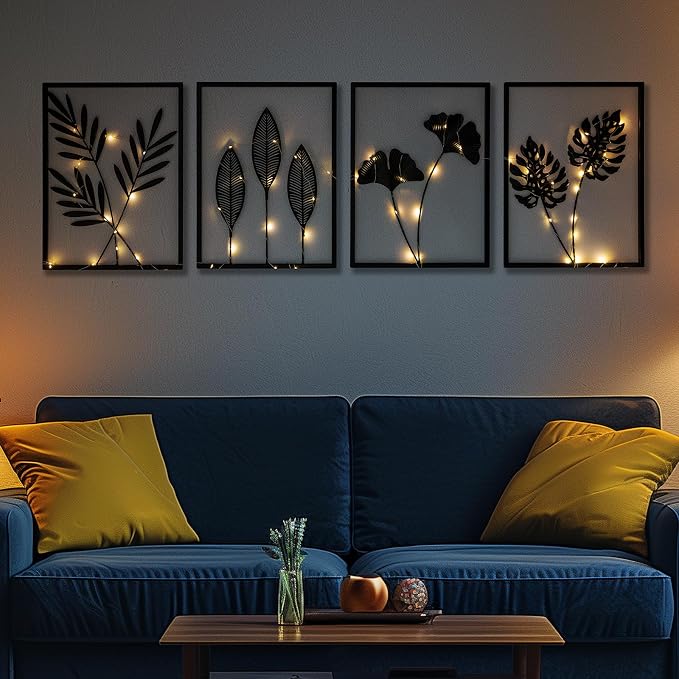 QXSXKJ Black Metal Wall Decor Framed, 3d Modern Metal Wall Art with Light, Minimalist Abstract Black Line Art DéCor, 4 Piece Home Art for Living Room Bedroom Bathroom