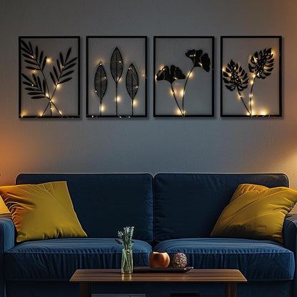 QXSXKJ Black Metal Wall Decor Framed, 3d Modern Metal Wall Art with Light, Minimalist Abstract Black Line Art DéCor, 4 Piece Home Art for Living Room Bedroom Bathroom