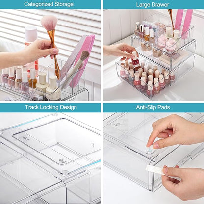 Vtopmart 3 Tier Clear Makeup Organizer with 2 Drawers | Smart Storage Layout, Clear for Better Visibility, Stackable, Large Capacity, for Makeup Lipstick Brush Skincare