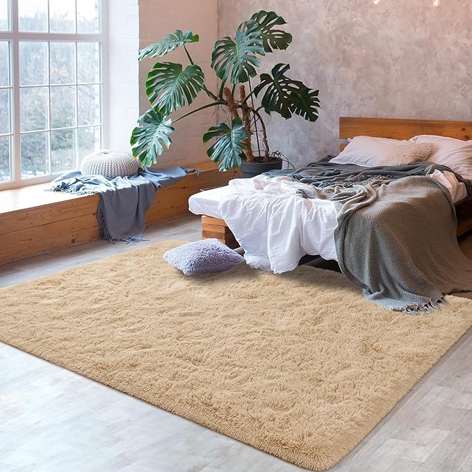 Softlife Rug for Living Room 5.3x7.6 Feet Area Rug for Bedroom Super Soft Shaggy Rugs for Kids Room Fluffy Fuzzy Carpets Long Plush Bedside Rug Nursery Christmas Home Decor for Boys Girls, Beige