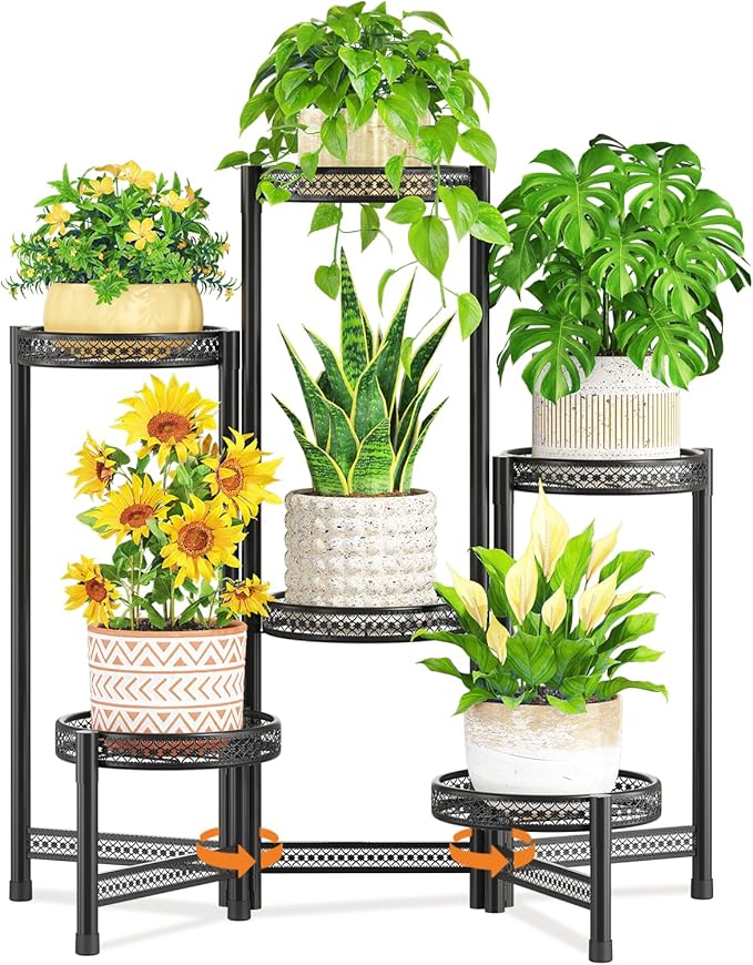 LASZOLA 6 Tiered Folding Tall Plant Stand Indoor Outdoor for Large Planter, Heavy Duty Metal Adjustable Multiple Flower Rack for Corner, Wrought Iron High Spiral Holder for Modern House Patio, Black