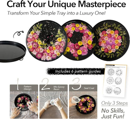 Auraeve All-in-One Resin Tray Craft Kit for Adults, Black-Basic, 9.8" | 55Pcs Real Flowers, 10OZ Epoxy Resin, Metal Tray, Gift for Craft Lovers, Trinket Organizer, Décor