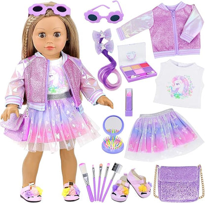 American 18 Inch Doll Clothes & Makeup Accessories Gift Set Includes Dress, Makeup Brush, Shoes, Bag, Haircomb, Eyeshadow, Lipstick, Wig, Hairpin, Sunglasses (Doll Not Included)