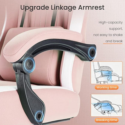 Sweetcrispy Video Gaming Chair: Ergonomic Desk Chair with Footrest and Lumbar Support, Height Adjustable High Back with Linkage Armrests and Headrest, 360° Wheels, Pink