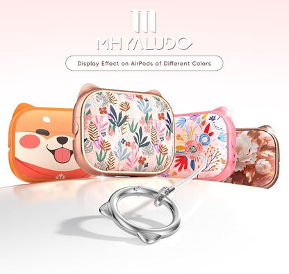 for AirPods Pro 2 Case with Cleaning Kit, Cute Cat Ear Print Design & Cute Buckle for Girls, Phone Holder & Top Safe Lock Buckle Design for AirPods Pro 2nd/1st Gen case, Rose Gold Leaves