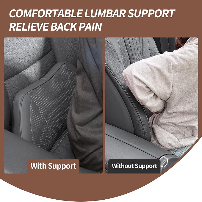 Lumbar Support Pillow for Car, Premium Leather Memory Foam Lumbar Cushion for Lower Back Pain Relief, Universal Back Support for Driving, Home & Office Chairs, Gray, 1 Pack
