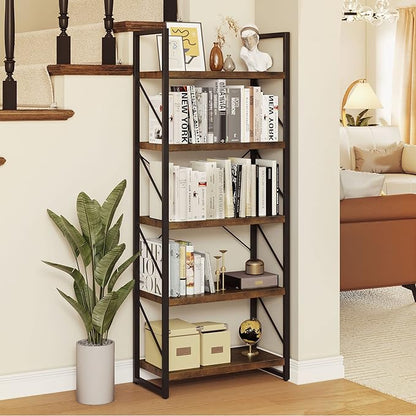 YITAHOME 5-Tier Bookshelf, Freestanding Book Shelf, Industrial Minimalist Open Display Storage Book Shelves Standing Shelving Unit for Living Room Bedroom Home Office, Rustic Brown
