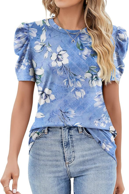 Ivicoer Puff Short Sleeve Shirt for Women Eyelet Tops Summer Crewneck Blouse Loose Fit S-XXL
