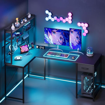 Apicizon L Shaped Gaming Desk 53" with Hutch, LED Light and Drawer | Carbon Fiber Surface, Storage Shelves, Pegboard with Hooks, PC Tower Stand, USB Charging Port, Home Office, Bedroom