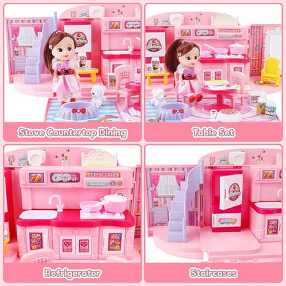 deAO Doll Houses Portable Backpack for Girls with Doll Toy House with Light and Music Baby Dollhouse Furniture for 3 to 8 Years Olds Toddler Kids