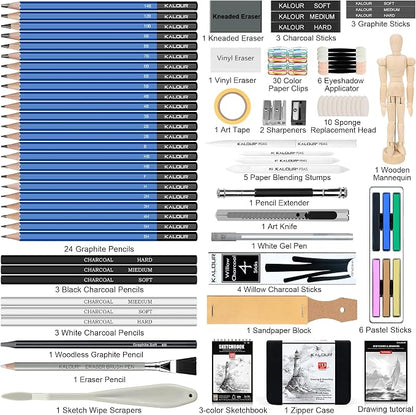 KALOUR 113PCS Drawing Set, Professional Sketching Kit with 3-Color Sketchbook,Graphite & Charcoal Pencils, Wooden Mannequin, Art Tools in Zipper Case, Art Supplies for Beginners & Artists Gift