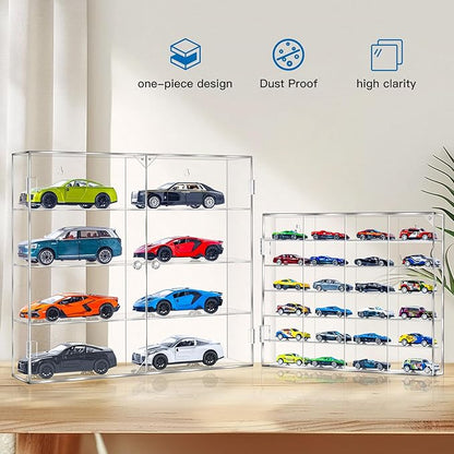 JUESHA Acrylic Display Case for 1/24 Scale Diecast Storage, 4 Levels 8 Slots Toy Cars Showcase Wall Mount Or Desktop, Clear Display Organizer for Nascar Diecast Model Car Tabletop