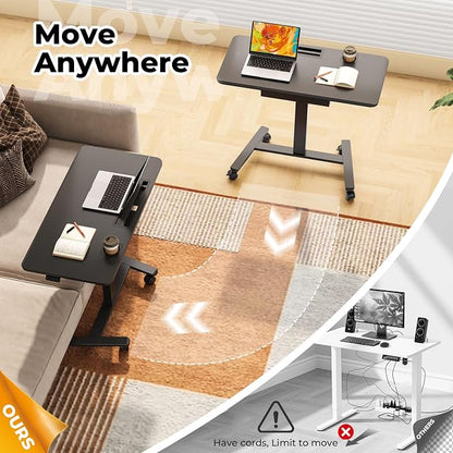 40"×20" Mobile Desk with Drawer, Rolling Desk with Storage | Height Adjustable Portable Laptop Desk on Wheels, Small Computer Desk with Cup Holder and Hooks for Study & Work, Black