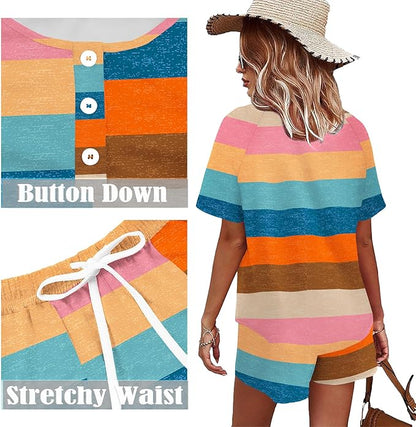 WIHOLL Two Piece Outfits for Women Lounge Sets Button Down Top and Shorts Set Sweatsuits with Pockets