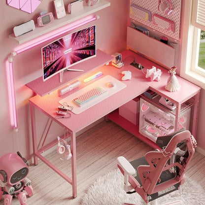 Bestier 42-Inch Pink L-Shaped Gaming Desk with Charging & LED | Charging 2AC+USB+Type-C, RGB LED 20 Colors/22 Modes, Reversible Shelves, Carbon Fiber Texture, Headset Hook, Small Space