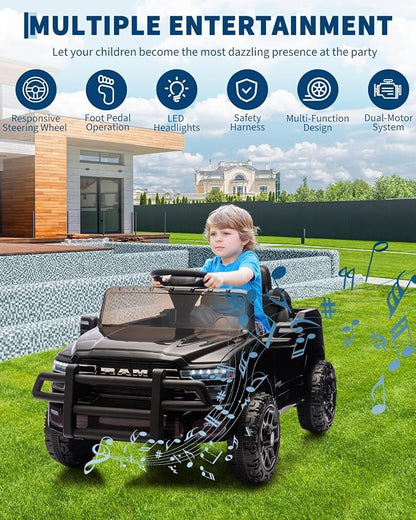 Garvee Kids Ride On Cars, Licensed RAM 12V Electric Ride On Truck Car w/Remote Control, Electric Pickup Car for Toddlers, Spring Suspension, LED Lights, Music, Ride On Toys for Boys Girls