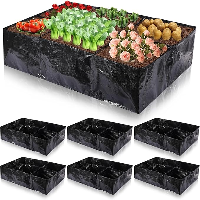 6 Pcs 35 Gallon Fabric Raised Garden Bed Breathable Planting Container Grow Bag with 6 Compartments Rectangle Large Raised Planting Bed for Vegetable Tomato Herbs Potato Fruits Flower Planter Pot