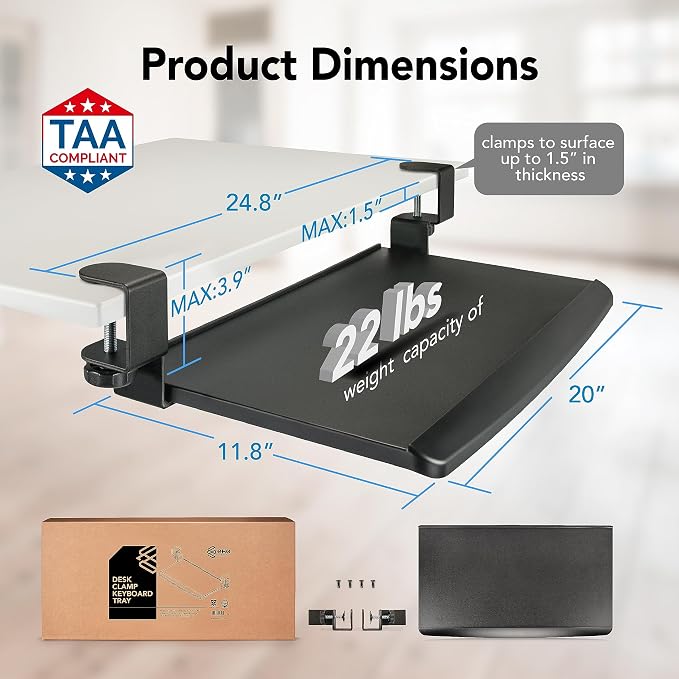 EHO Prime Desk Clamp Keyboard Tray, Under Desk Sliding Retractable Drawer, Ergonomic Space-Saving Platform for Standard Keyboards, Large 20" x 11.5" Workstation Extension