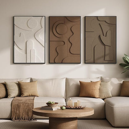 Large Framed 3D Textured Wall Art for Living Room, Set of 3 Abstract Geometric Wall Decor, Modern Neutral Brown Minimalist Pictures Artwork for Bedroom Dining Room Hallway Office, 24x36 Inch