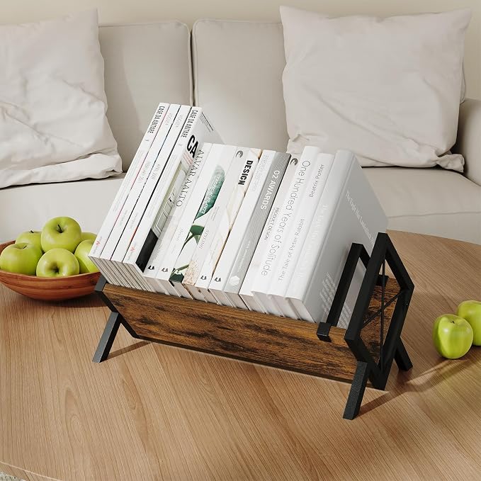 YINMIT Wood Desktop Bookshelf, Retro Tabletop Bookshelf, Desk Shelf for Top of Desk in Living Room, Home, Office, Tilting Bookcase for CDs, Magazine, Books, Home Decor