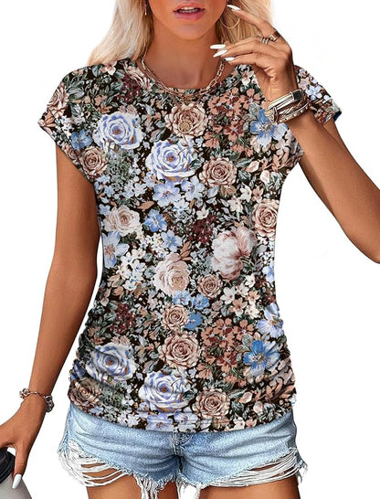 Sampeel Womens Summer Tops Trendy 2026 Ruched Cap Short Sleeve Tshirts Shirts Crew Neck T Shirts Fashion