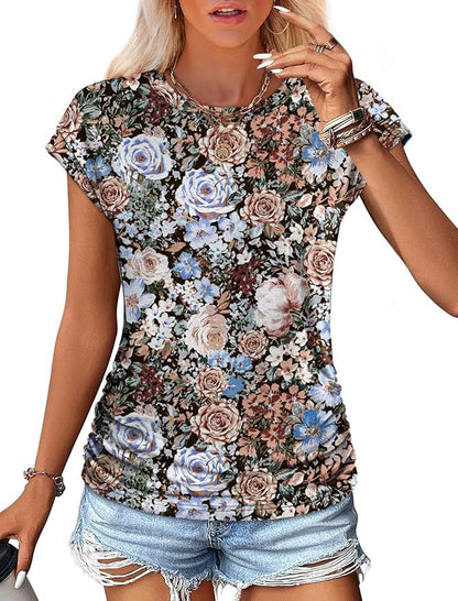 Sampeel Womens Summer Tops Trendy 2026 Ruched Cap Short Sleeve Tshirts Shirts Crew Neck T Shirts Fashion