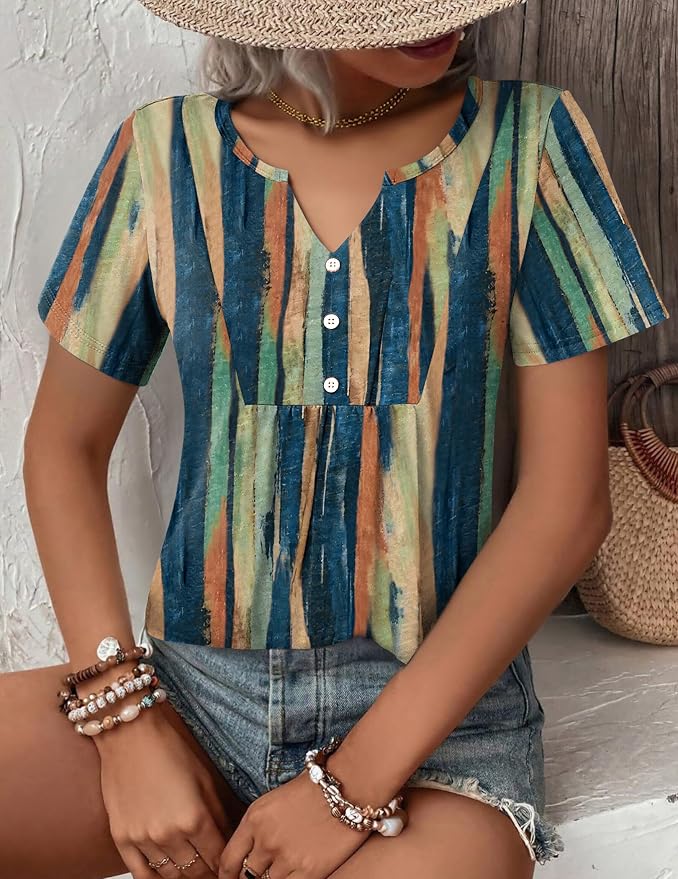 Zeagoo Womens Short Sleeve Tops Summer Henley V-Neck Tshirts Casual Pleated Blouse Dressy Loose Floral Basic Tee