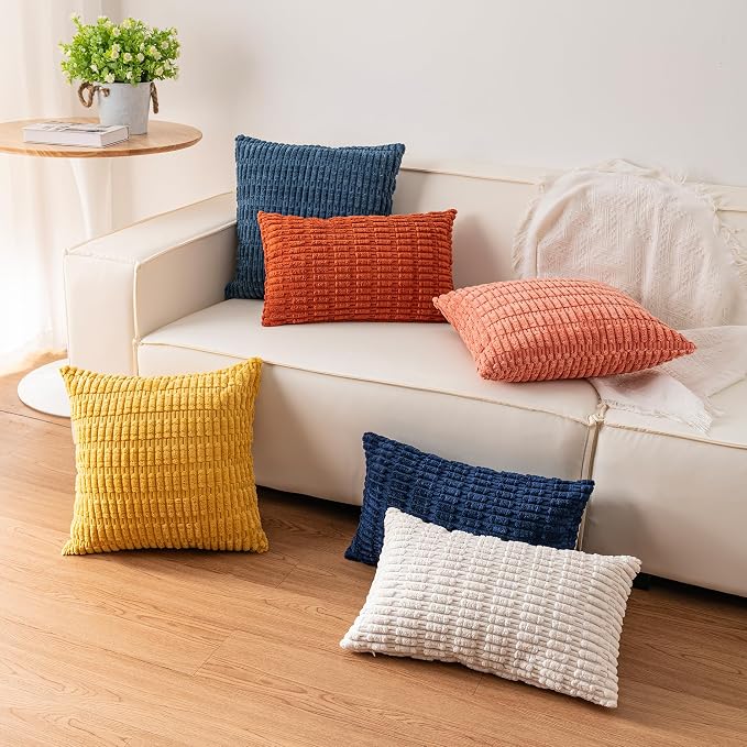 Aegero Pack of 2 Corduroy Decorative Throw Pillow Covers 22x22 Inch Soft Striped Pillow Covers Modern Farmhouse Home Decor for Sofa Living Room Couch Bed（Yellow）