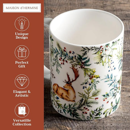 Maison d' Hermine Coffee Mug with Handles Tea Cups (15 Ounce, Pack of 1) | Fine Bone China Coffee Mugs for Hot Beverages Cappuccino Latte Home Restaurant Hotel Spring Summer -Holly Time - Cerf