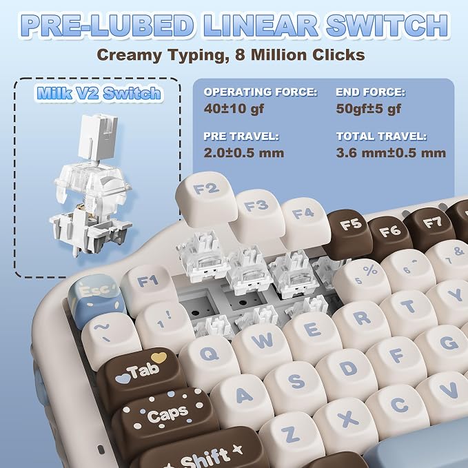 YUNZII C75 Cute 75% Wireless Mechanical Keyboard (Choco, Milk V2 Switch) | Creamy Cake Keyboard, BT5.0/2.4G/USB-C, Hot-Swap, NKRO, PBT MOA Keycaps,5500mAh RGB Gasket Mount for Mac/Win/Gaming/Office