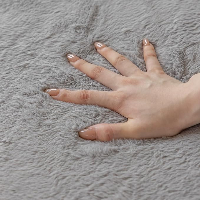 Faux Rabbit Fur Rug - 1.18" Thick Soft Fluffy Area Rug, Non-Slip Memory Foam Crawling Mat, Light Gray, 59"x59"