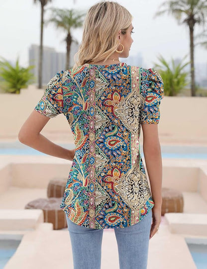 Ivicoer Puff Short Sleeve Shirt for Women Eyelet Tops Summer Crewneck Blouse Loose Fit S-XXL
