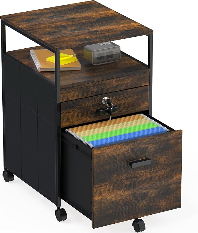 SHW Box File Rolling Mobile Cabinet with Open Shelf and Lockable Drawer, Rustic Brown